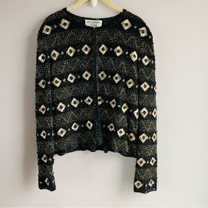 Silk Papell Boutique Vintage Beaded Evening Jacket Black Silver Gold Luxury S